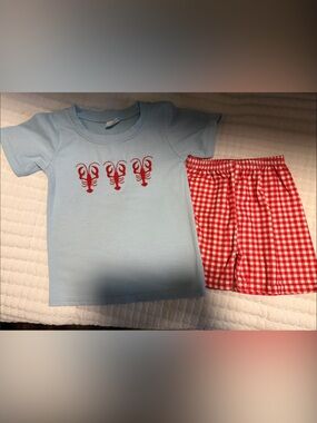 Boy’s Light Blue Tee with Red Crawfish Motif and Red Gingham Shorts